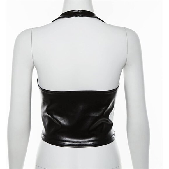 Women Black Adjustable Spaghetti Straps Pu Leather Bustier Crop Top Rave Outfit - Picture 6 of 6